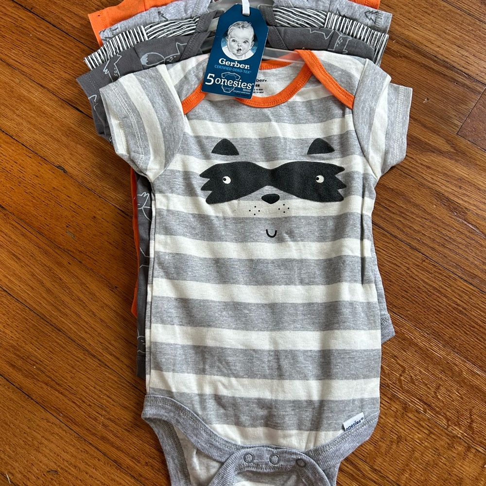 NEW Gerber Gray and Orange Raccoon Bodysuit